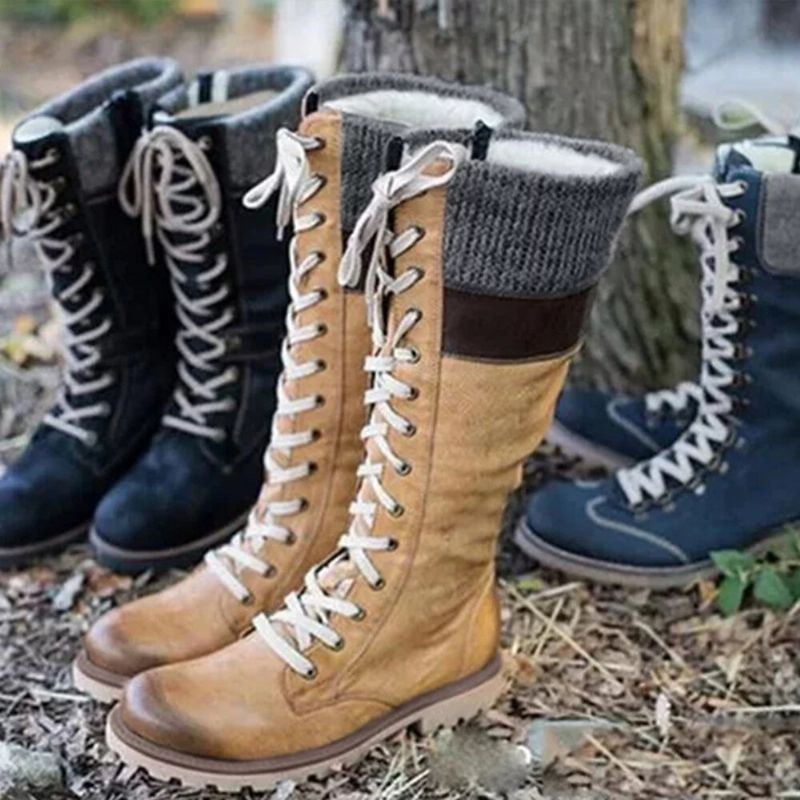 Botas De Media Pantorrilla Con Cordones Informales Cómodas Y Punta Redonda Para Mujer De Talla Grande