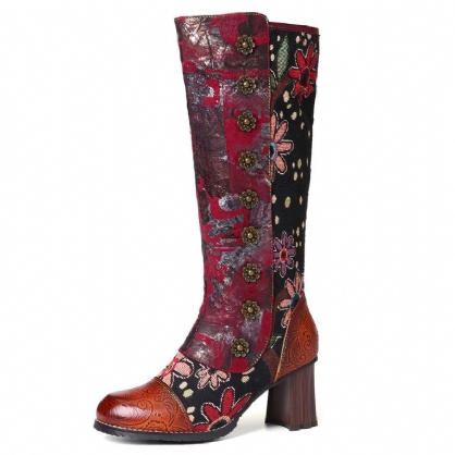 Botas De Media Pantorrilla Con Costura De Cuero Genuino En Relieve Con Estampado De Flores Vintage Para Mujer