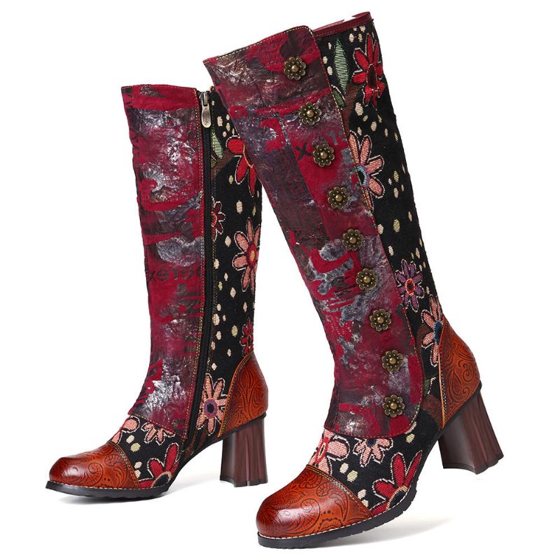 Botas De Media Pantorrilla Con Costura De Cuero Genuino En Relieve Con Estampado De Flores Vintage Para Mujer