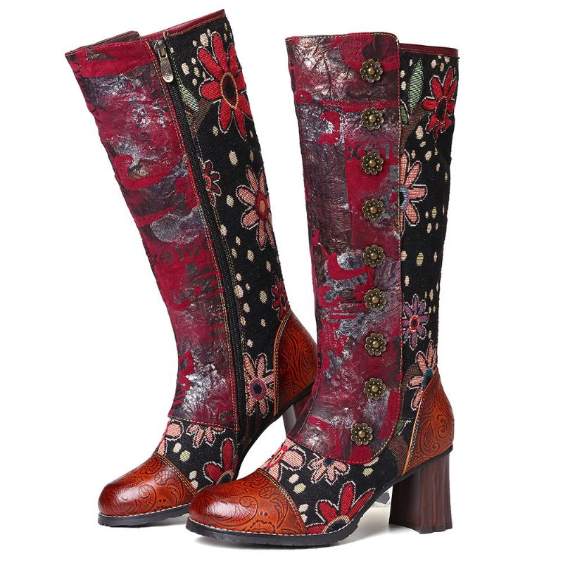 Botas De Media Pantorrilla Con Costura De Cuero Genuino En Relieve Con Estampado De Flores Vintage Para Mujer