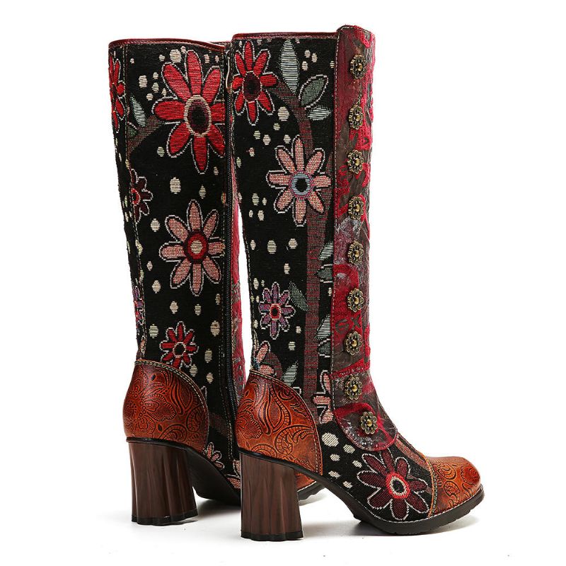 Botas De Media Pantorrilla Con Costura De Cuero Genuino En Relieve Con Estampado De Flores Vintage Para Mujer