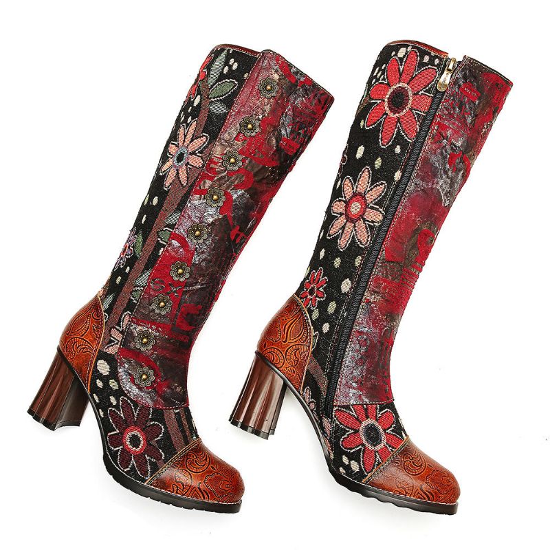 Botas De Media Pantorrilla Con Costura De Cuero Genuino En Relieve Con Estampado De Flores Vintage Para Mujer