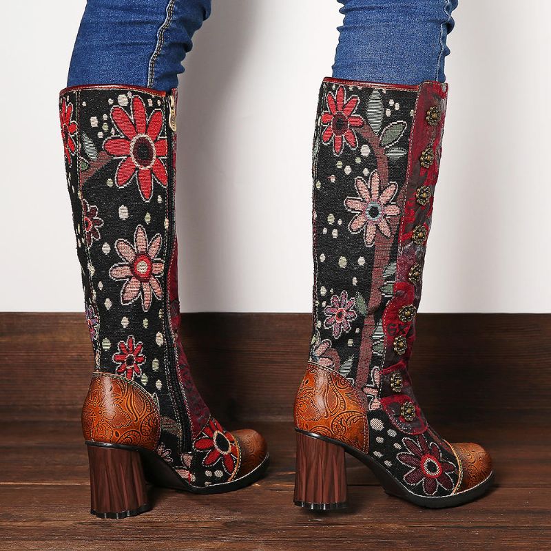 Botas De Media Pantorrilla Con Costura De Cuero Genuino En Relieve Con Estampado De Flores Vintage Para Mujer