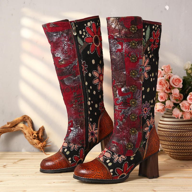 Botas De Media Pantorrilla Con Costura De Cuero Genuino En Relieve Con Estampado De Flores Vintage Para Mujer