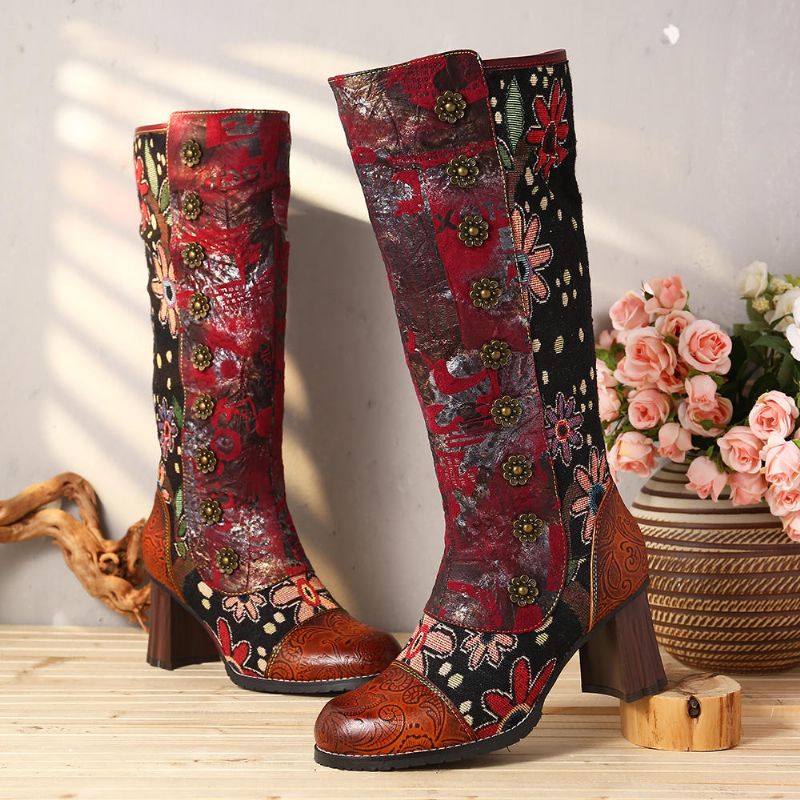 Botas De Media Pantorrilla Con Costura De Cuero Genuino En Relieve Con Estampado De Flores Vintage Para Mujer