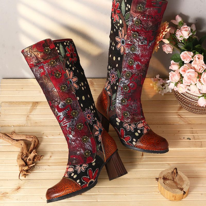 Botas De Media Pantorrilla Con Costura De Cuero Genuino En Relieve Con Estampado De Flores Vintage Para Mujer