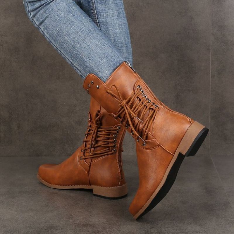 Botas De Media Pantorrilla Con Cremallera En La Espalda Y Remaches Retro Para Mujer De Talla Grande