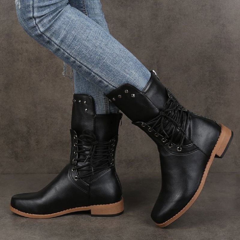 Botas De Media Pantorrilla Con Cremallera En La Espalda Y Remaches Retro Para Mujer De Talla Grande