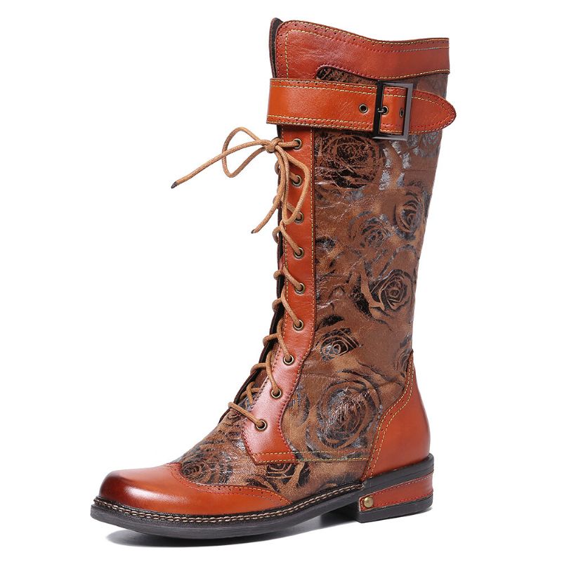 Botas De Media Pantorrilla Con Hebilla De Metal Y Costura De Cuero Genuino Con Estampado De Rosas En Relieve