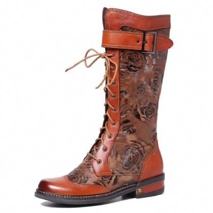 Botas De Media Pantorrilla Con Hebilla De Metal Y Costura De Cuero Genuino Con Estampado De Rosas En Relieve