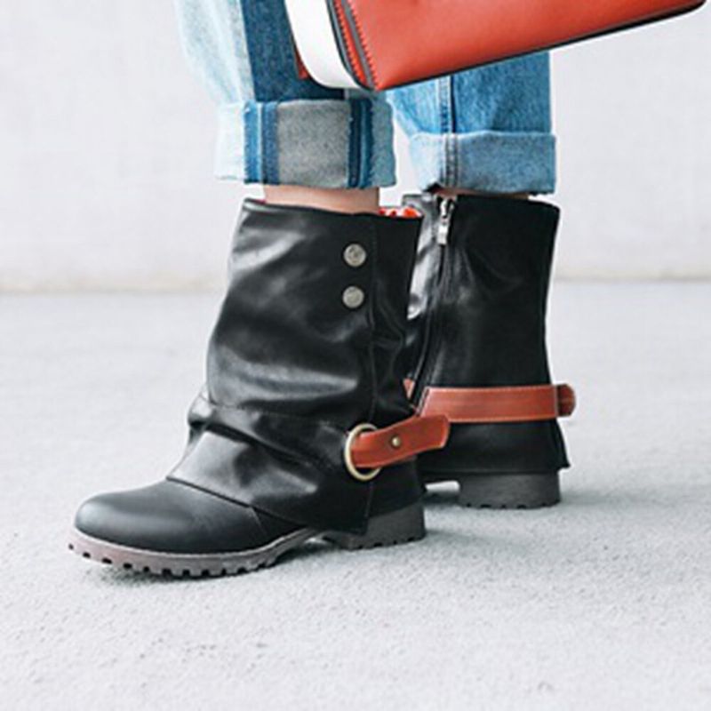 Botas De Media Pantorrilla Con Punta Redonda Y Hebilla De Metal Con Remaches De Talla Grande Para Mujer