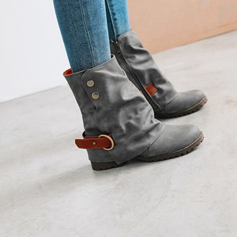 Botas De Media Pantorrilla Con Punta Redonda Y Hebilla De Metal Con Remaches De Talla Grande Para Mujer