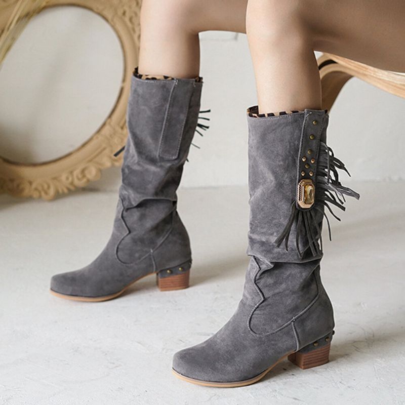 Botas De Media Pantorrilla Con Tacón Grueso Y Borlas De Gamuza Para Mujer De Talla Grande