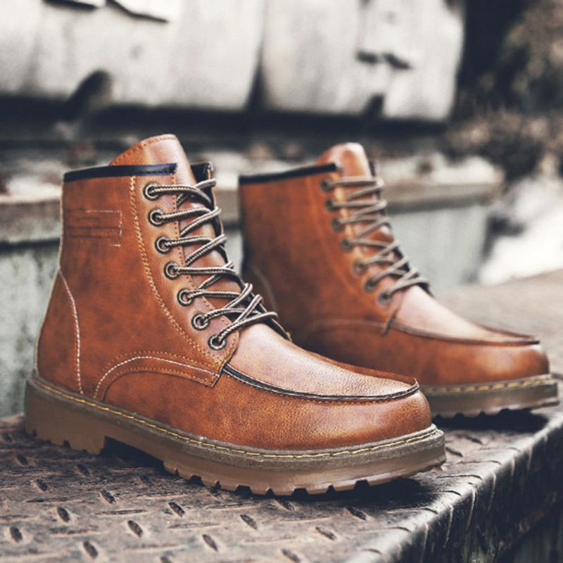 Botas De Media Pantorrilla De Cuero Con Cordones De Otoño Para Hombre