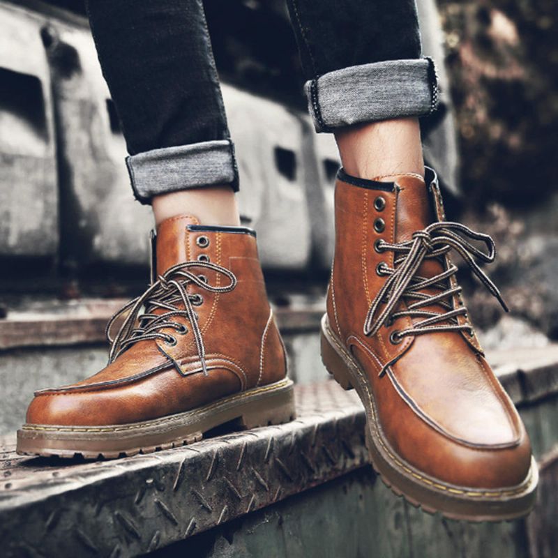 Botas De Media Pantorrilla De Cuero Con Cordones De Otoño Para Hombre