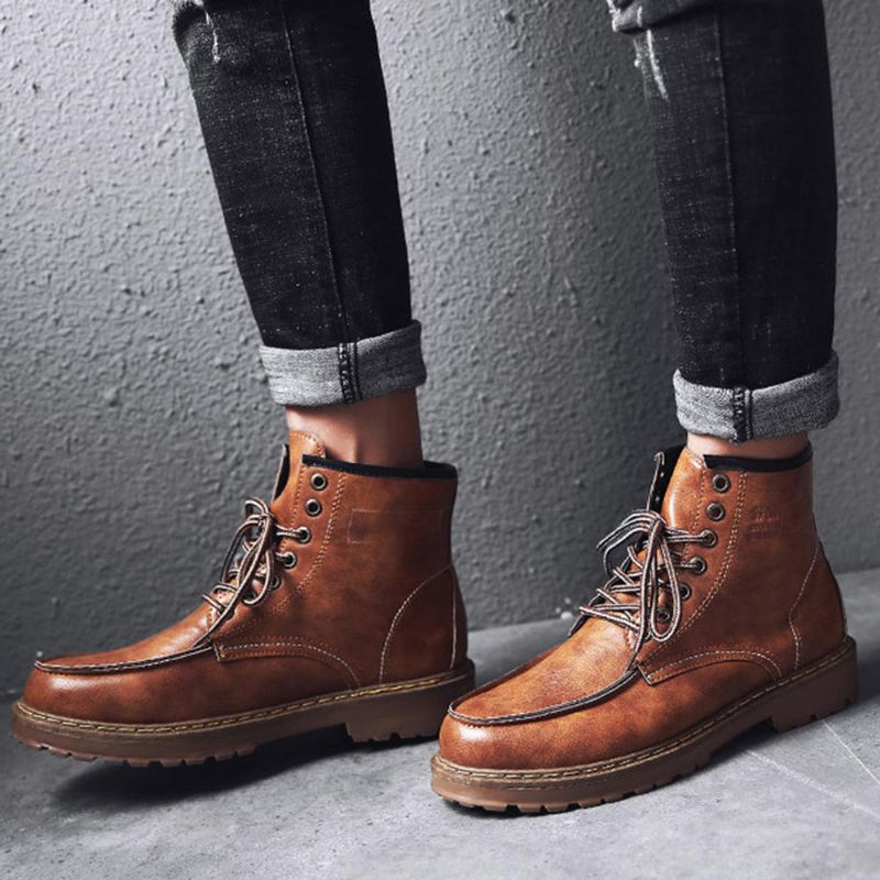 Botas De Media Pantorrilla De Cuero Con Cordones De Otoño Para Hombre