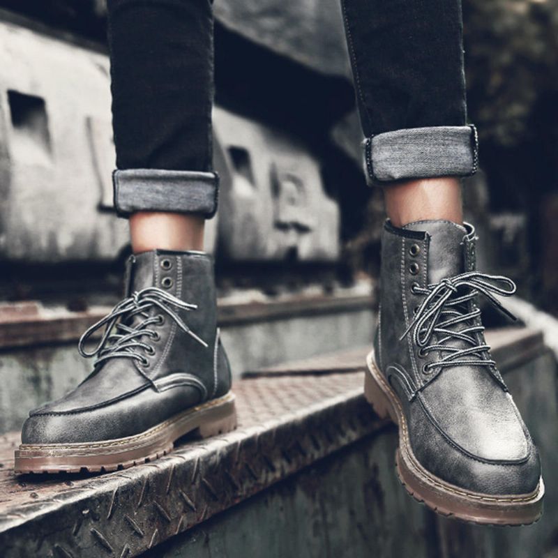 Botas De Media Pantorrilla De Cuero Con Cordones De Otoño Para Hombre