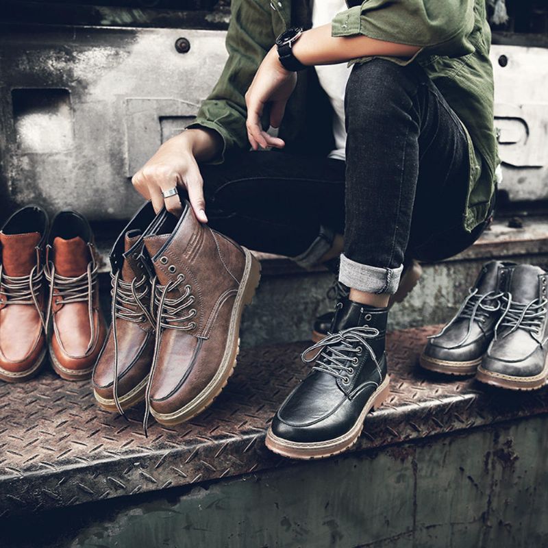 Botas De Media Pantorrilla De Cuero Con Cordones De Otoño Para Hombre