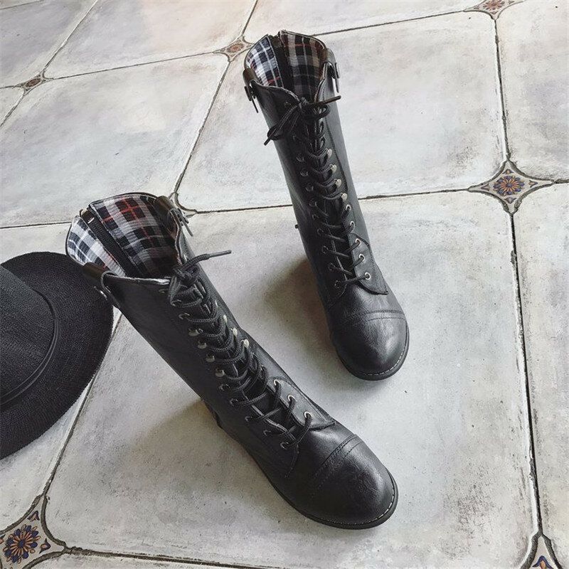 Botas De Media Pantorrilla Informales De Invierno Con Cordones Cálidos Para Motocicleta Para Mujer