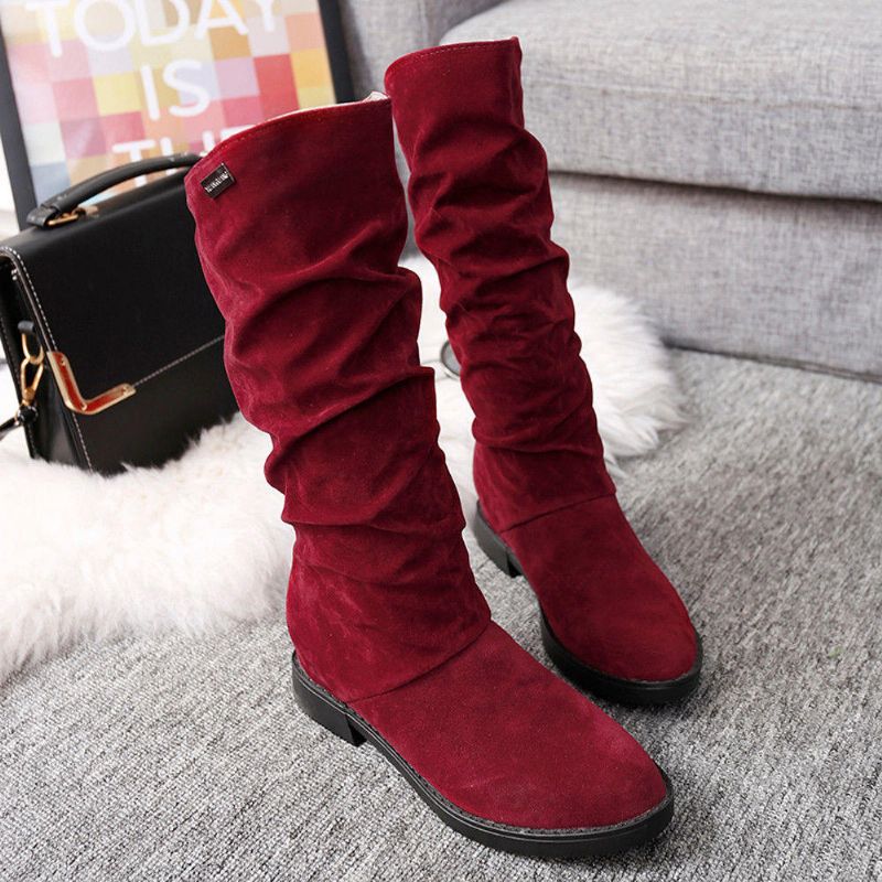 Botas De Media Pantorrilla De Nieve De Invierno De Gamuza Cálida De Color Sólido Para Mujer