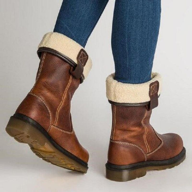 Botas De Media Pantorrilla Vintage Con Punta Redonda De Gran Tamaño