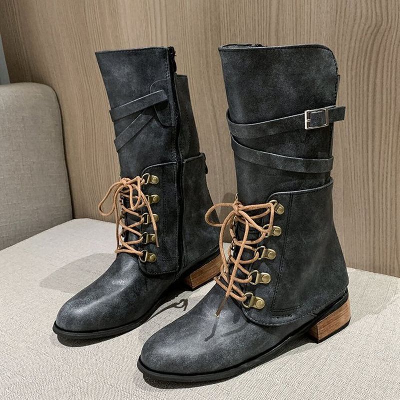 Botas De Montar De Cuero Informales Elegantes Con Cremallera Lateral Anudadas De Gran Tamaño Para Mujer