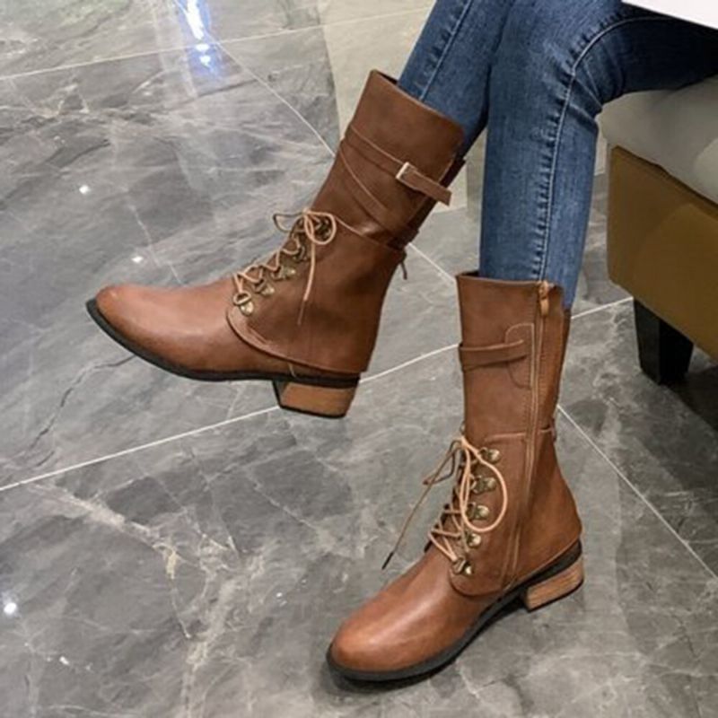 Botas De Montar De Cuero Informales Elegantes Con Cremallera Lateral Anudadas De Gran Tamaño Para Mujer