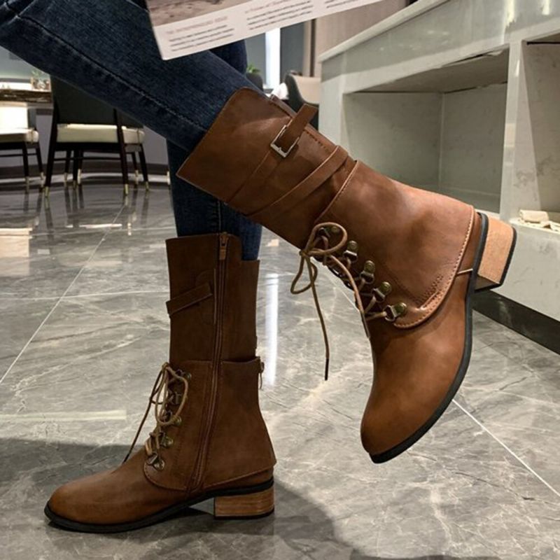 Botas De Montar De Cuero Informales Elegantes Con Cremallera Lateral Anudadas De Gran Tamaño Para Mujer