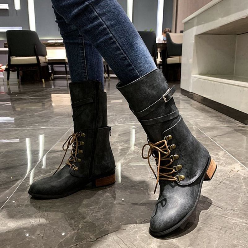 Botas De Montar De Cuero Informales Elegantes Con Cremallera Lateral Anudadas De Gran Tamaño Para Mujer