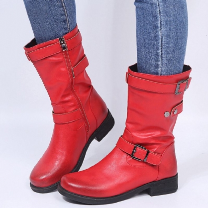 Botas De Montar De Tacón De Bloque Con Correa De Hebilla De Color Sólido Retro De Gran Tamaño Para Mujer