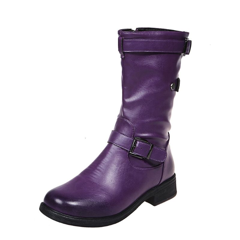 Botas De Montar De Tacón De Bloque Con Correa De Hebilla De Color Sólido Retro De Gran Tamaño Para Mujer