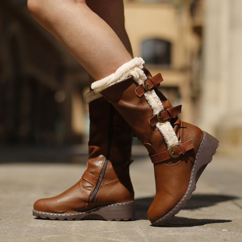 Botas De Moto De Media Pantorrilla Con Decoración De Hebilla Y Forro De Felpa Para Mujer