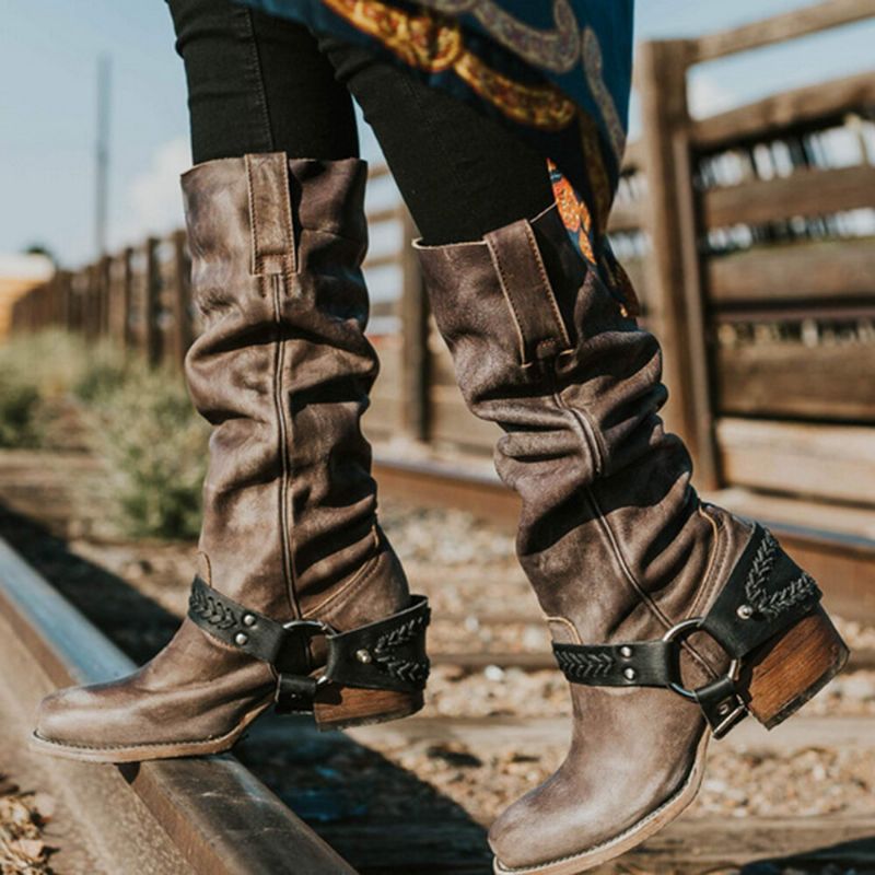 Botas De Moto De Tacón Bajo Con Hebilla De Cinturón De Estilo Retro Para Mujer