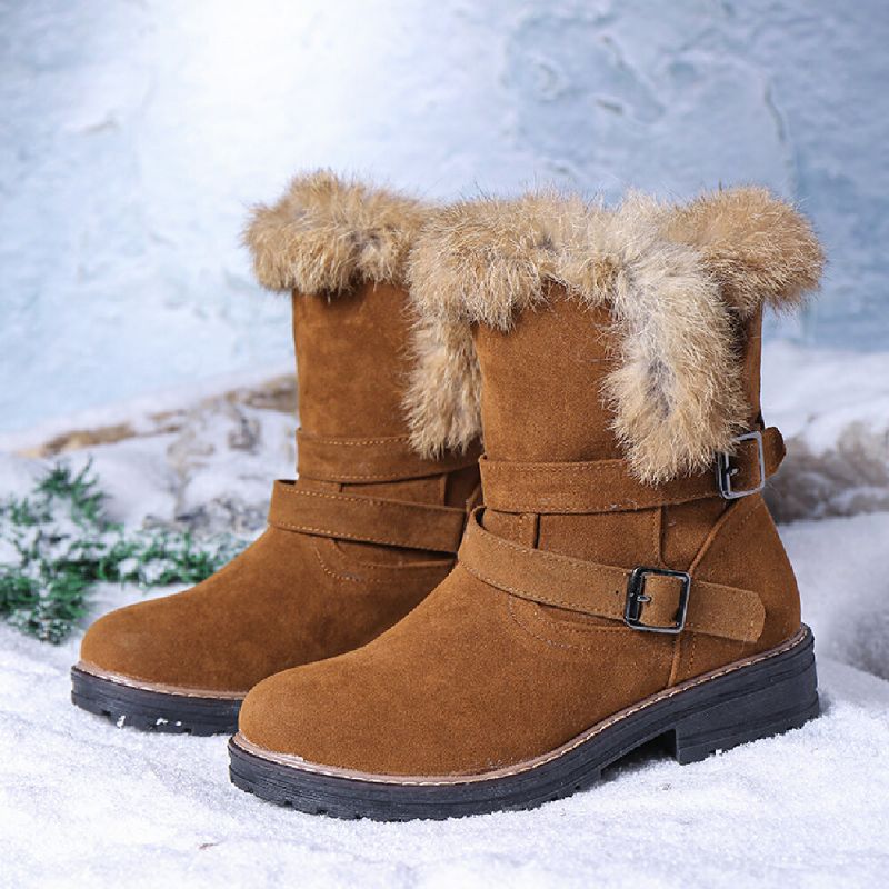 Botas De Nieve Con Reborde De Pelusa Y Hebilla Elegante Informal Con Punta Redonda De Color Sólido Para Mujer