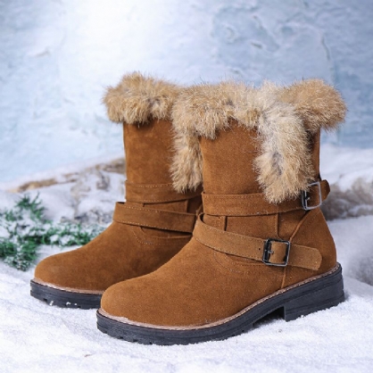 Botas De Nieve Con Reborde De Pelusa Y Hebilla Elegante Informal Con Punta Redonda De Color Sólido Para Mujer