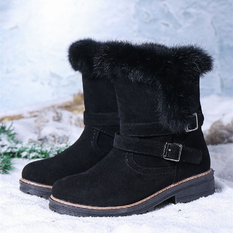 Botas De Nieve Con Reborde De Pelusa Y Hebilla Elegante Informal Con Punta Redonda De Color Sólido Para Mujer