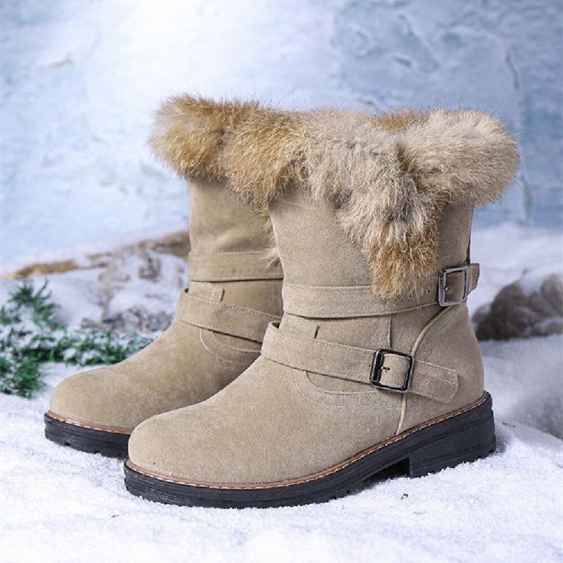 Botas De Nieve Con Reborde De Pelusa Y Hebilla Elegante Informal Con Punta Redonda De Color Sólido Para Mujer