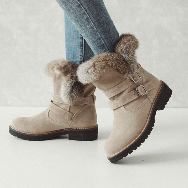 Botas De Nieve Con Reborde De Pelusa Y Hebilla Elegante Informal Con Punta Redonda De Color Sólido Para Mujer