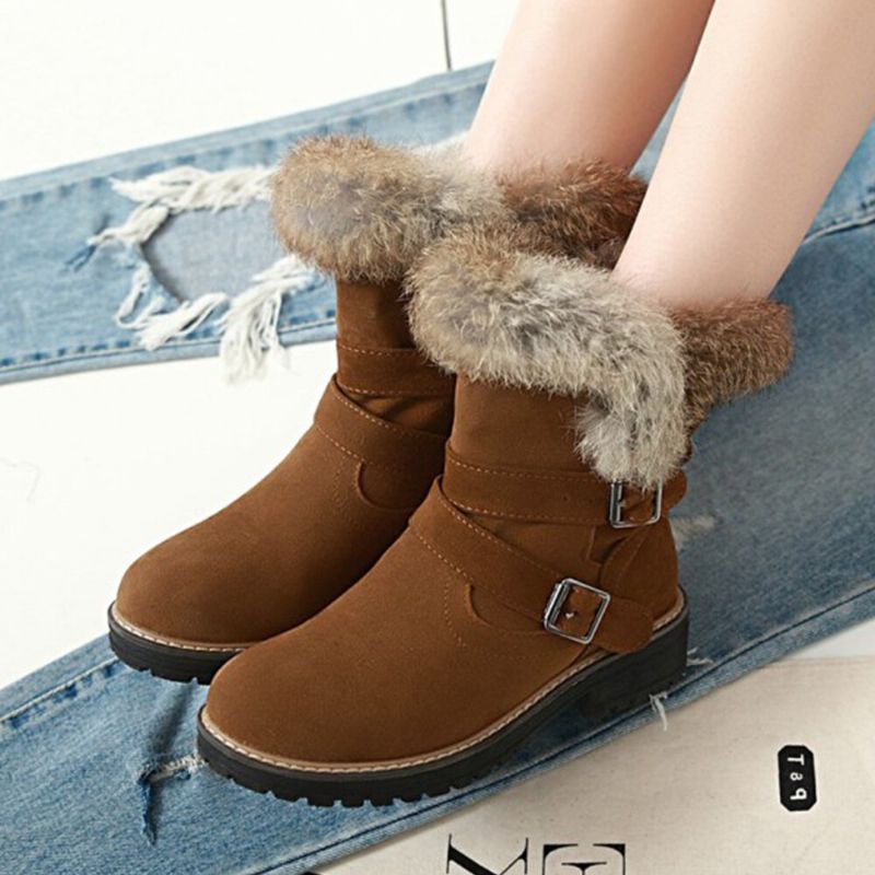 Botas De Nieve Con Reborde De Pelusa Y Hebilla Elegante Informal Con Punta Redonda De Color Sólido Para Mujer