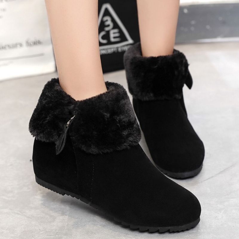 Botas De Nieve Con Rebordeado De Pelusa Cálida Y Cremallera Lateral De Color Sólido Para Mujer