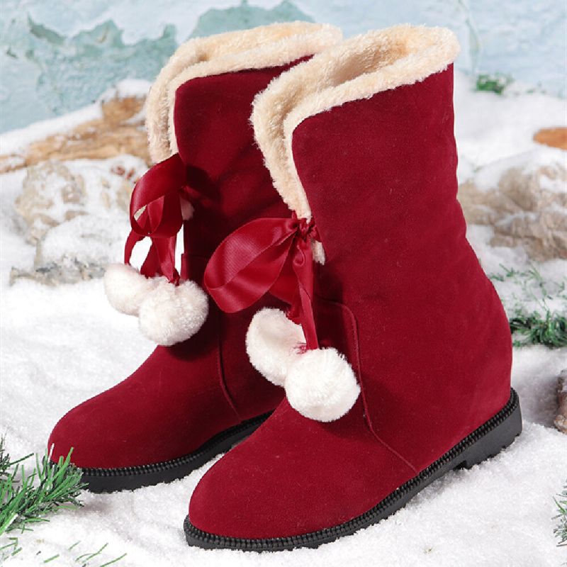 Botas De Nieve Con Rebordeado De Pelusa Cálida Y Elegante Con Pompón Y Lazo Para Mujer