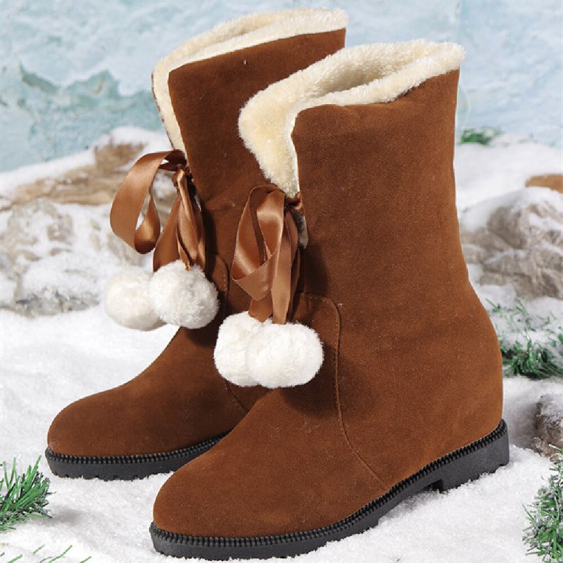 Botas De Nieve Con Rebordeado De Pelusa Cálida Y Elegante Con Pompón Y Lazo Para Mujer