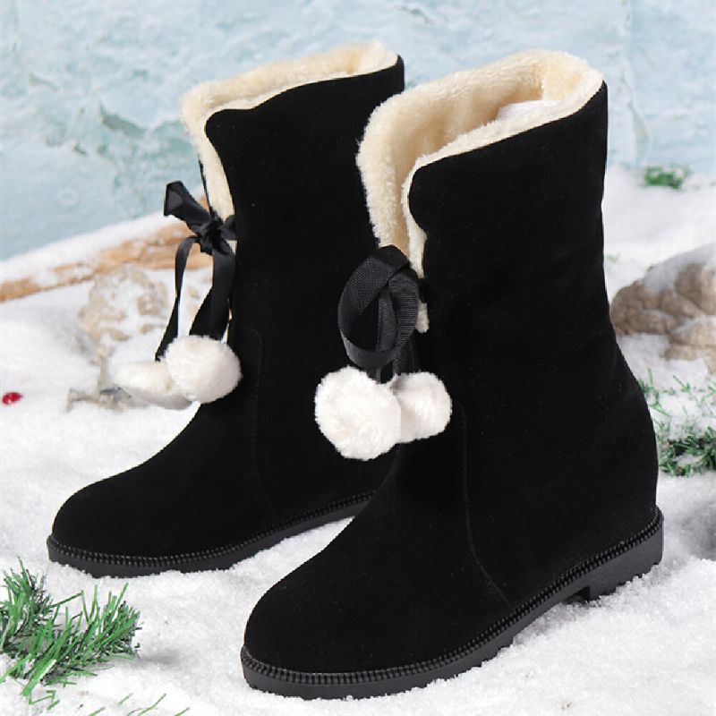 Botas De Nieve Con Rebordeado De Pelusa Cálida Y Elegante Con Pompón Y Lazo Para Mujer