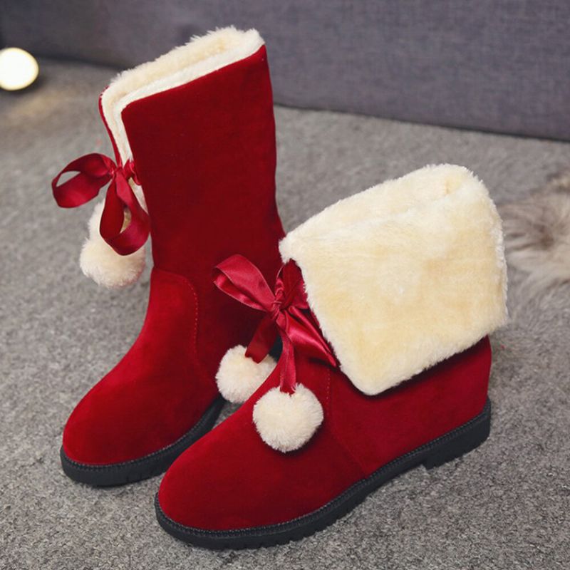 Botas De Nieve Con Rebordeado De Pelusa Cálida Y Elegante Con Pompón Y Lazo Para Mujer