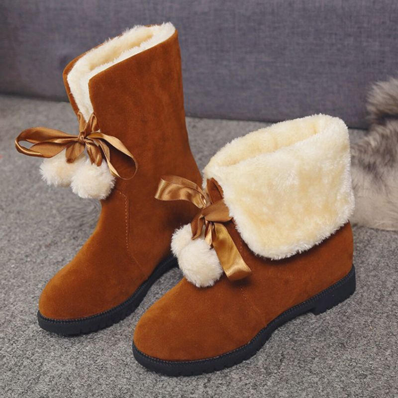 Botas De Nieve Con Rebordeado De Pelusa Cálida Y Elegante Con Pompón Y Lazo Para Mujer