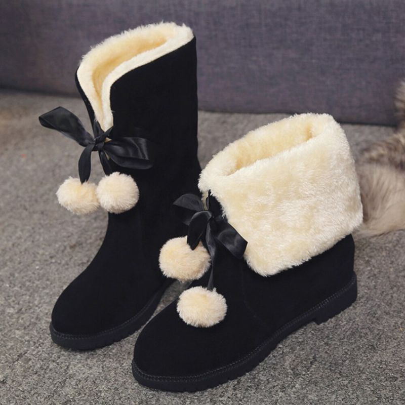 Botas De Nieve Con Rebordeado De Pelusa Cálida Y Elegante Con Pompón Y Lazo Para Mujer