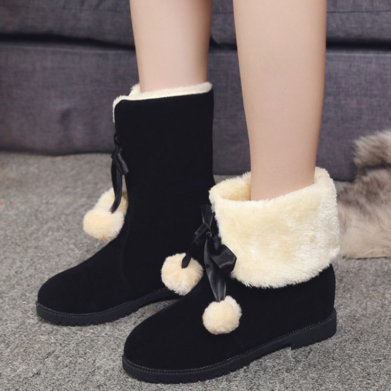 Botas De Nieve Con Rebordeado De Pelusa Cálida Y Elegante Con Pompón Y Lazo Para Mujer