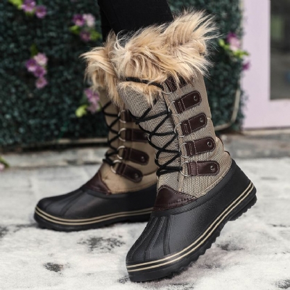 Botas De Nieve De Media Pantorrilla Con Tiras Cruzadas Resistentes A Los Resbalones Y Peludas Sólidas Para Mujer