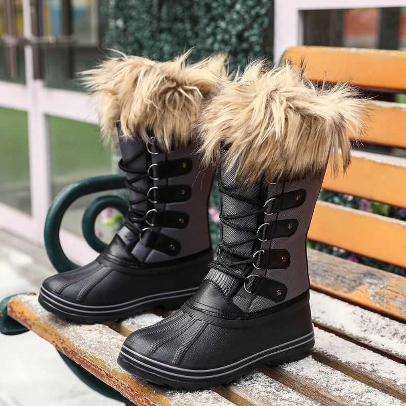 Botas De Nieve De Media Pantorrilla Con Tiras Cruzadas Resistentes A Los Resbalones Y Peludas Sólidas Para Mujer