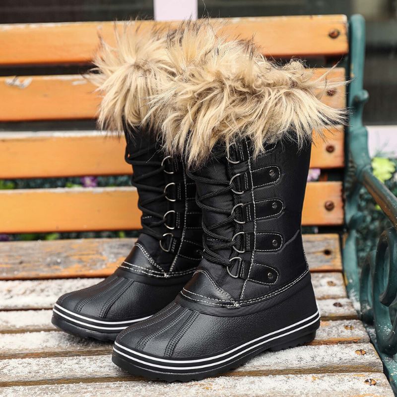 Botas De Nieve De Media Pantorrilla Con Tiras Cruzadas Resistentes A Los Resbalones Y Peludas Sólidas Para Mujer